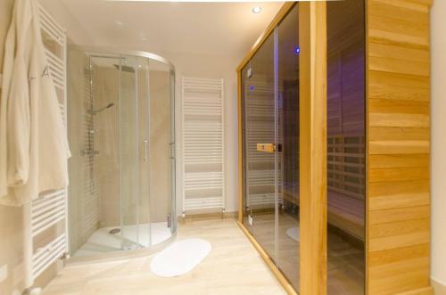 een badkamer met een douche en een glazen douchecabine bij 149 Dimora di autore in Borca di Cadore