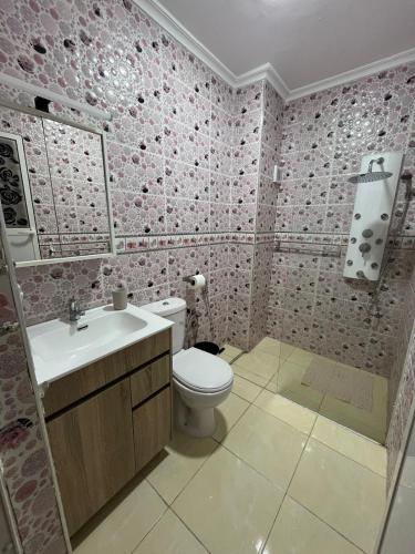 a bathroom with a toilet and a sink and a mirror at Ideal Tetuan in Tétouan