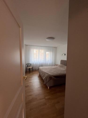 a bedroom with a bed and a window at Apartamentai Akvilė in Šilutė