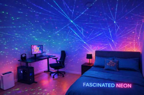 a bedroom with a bed and a desk with a computer at Fascinating Neon - Master Room Beside Station - With Private bathroom and walk-in wardrobe in Sydney