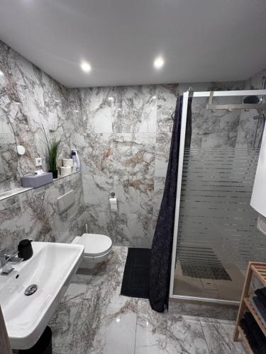 Et badeværelse på Ferienwohnung AyNa 2, direkt an der Schweizer Grenze