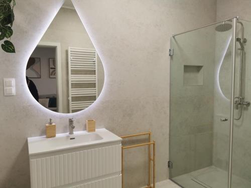 een badkamer met een wastafel en een spiegel bij River Apartman 1 in Odorheiu Secuiesc