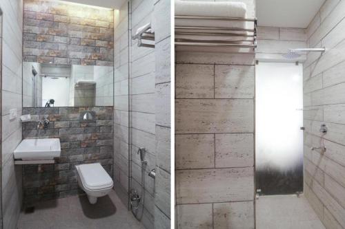two pictures of a bathroom with a toilet and a sink at Hotel MM Inn in Rishīkesh