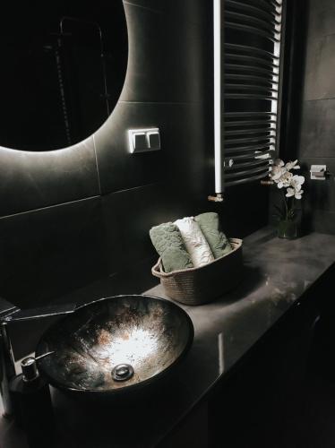 a bathroom with a sink and a mirror at Klonowa 65 z garażem podziemnym in Kielce