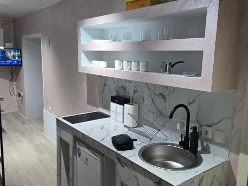 une cuisine avec un évier et un plan de travail dans l'établissement Apartman LENA, à Odžaci