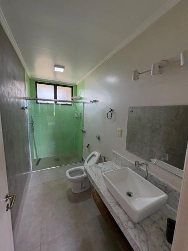 a bathroom with a shower and a sink and a toilet at Apartamento Inteiro Próximo ao Centro in Águas de Lindoia