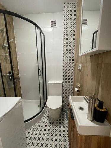a bathroom with a shower and a toilet and a sink at Zacisze Ludowa in Olecko