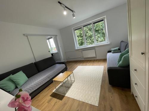 een woonkamer met een bank en een tafel bij Zacisze Ludowa in Olecko