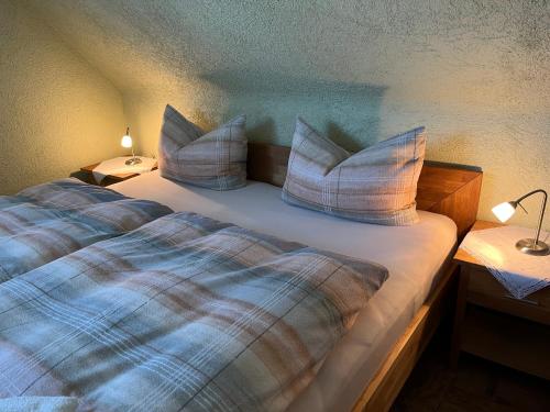 een bed met kussens in een kamer bij Ferienwohnung Dorle in Benneckenstein