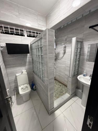 a bathroom with a shower and a toilet and a sink at Studio One in Port Louis