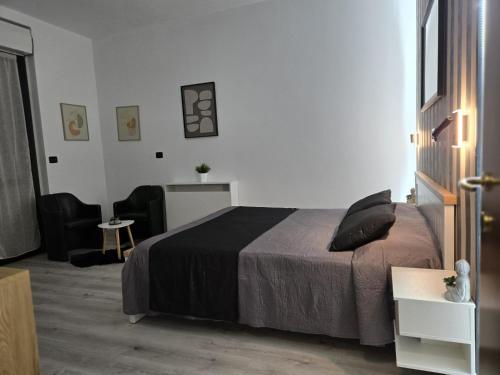 a bedroom with a bed and a chair and a table at Hotel Cristallo in Novara