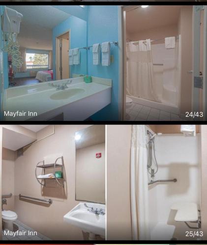 two pictures of a bathroom with a sink and a shower at Mayfair Inn in Williamston