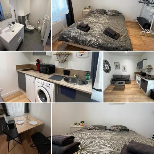 een collage van foto's van een kamer met een bed en een wastafel bij Appartement St Genis Laval Hyper centre in Saint-Genis-Laval