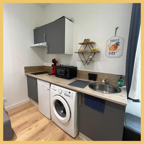 een kleine keuken met een spoelbak en een wasmachine bij Appartement St Genis Laval Hyper centre in Saint-Genis-Laval