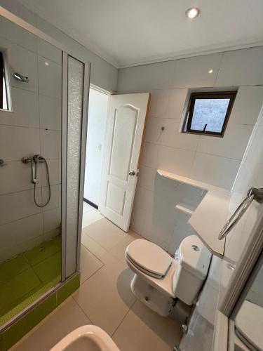 a bathroom with a toilet and a sink and a shower at La Quebrada lodge in Papudo