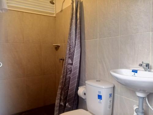 een badkamer met toilet en wastafel bij Glamping Morpho Azul Silvania Cundinamarca in Silvania