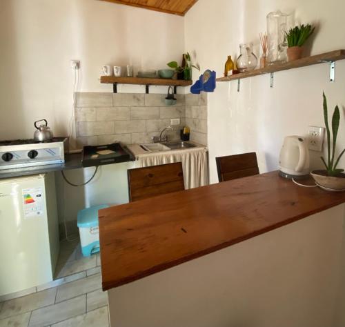 eine Küche mit einer hölzernen Arbeitsplatte in einem Zimmer in der Unterkunft La brisa in San Antonio de Areco