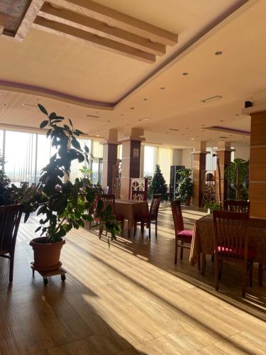 a lobby with a table and chairs and plants at Hotel Restaurant Arena in Kastriot