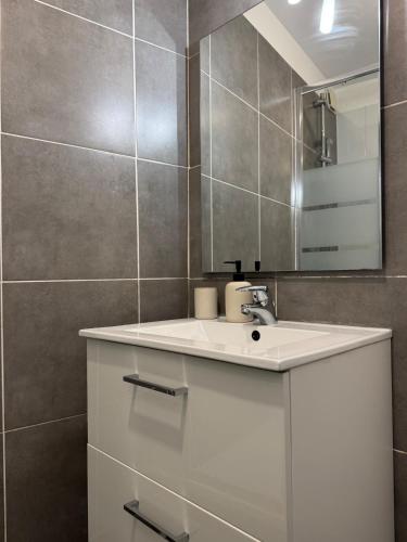 une salle de bains avec un lavabo blanc et un miroir dans l'établissement Charming Little House with patio, à Toulouse