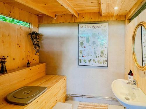 a bathroom with a sink and a toilet and a mirror at A-Frame Houses Overlooking Öland's Landscape in Mörbylånga