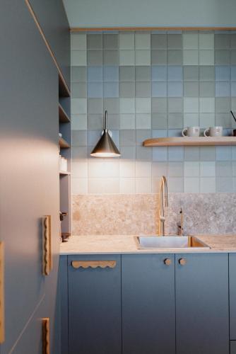 a kitchen with blue cabinets and a sink at Hahndorf Farm Barn in Hahndorf