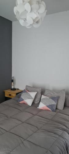 une chambre avec un lit avec deux oreillers dessus dans l'établissement La Nené hospedaje vacacional, à Villars