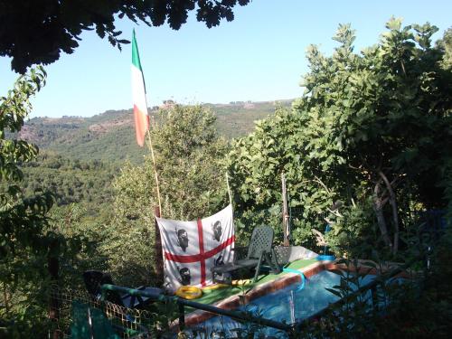 a flag is flying next to a swimming pool at Chalet Su Foxile in Aritzo