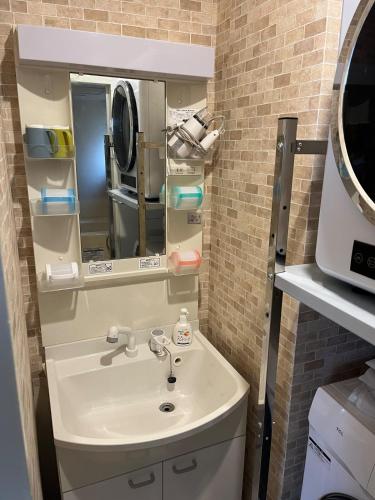ein Badezimmer mit Waschbecken und Spiegel in der Unterkunft Shinehouse2 in Kawaguchi
