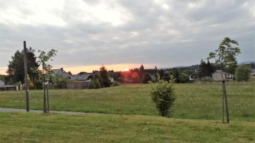 a field of grass with the sunset in the background at Landhotel "Lichte Aue" Lichtenau in Stützengrün