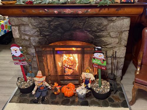 een open haard met een groep beeldjes ervoor bij Richca Chalets Resort in Hope