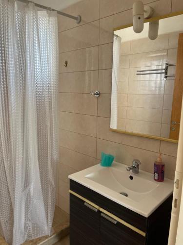 a bathroom with a sink and a shower curtain at Eureka Kythira in Kythira