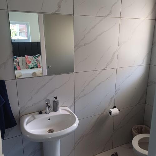 een badkamer met een wastafel en een spiegel en een toilet bij Linga longa corner flat in Beaufort West