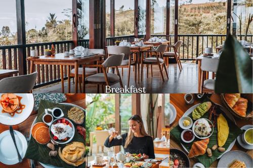 a collage of photos of a restaurant with food at Munduk Moding Plantation Nature Resort in Munduk