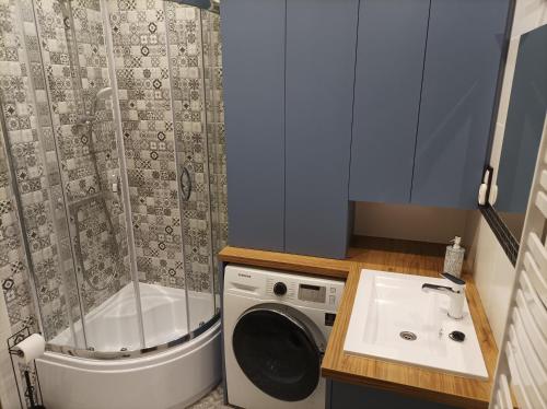 a small bathroom with a washing machine and a sink at Domek nad potokiem in Tylicz