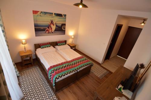 a bedroom with a bed and a painting on the wall at Pensiunea Banffy in Topliţa