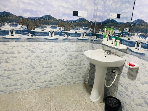 a bathroom with a sink and a snow covered wall at Nine arch eco Villa Ella in Ella