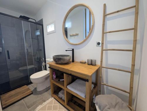 a bathroom with a sink and a toilet and a mirror at Les Nuits Nordiques in Bras