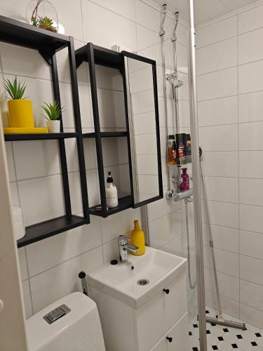 a bathroom with a toilet and a sink and a mirror at Iso kolmio Torniossa in Tornio
