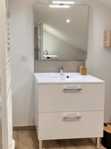 a white bathroom with a sink and a mirror at Appartement spacieux et lumineux proche gare in Ambérieu-en-Bugey