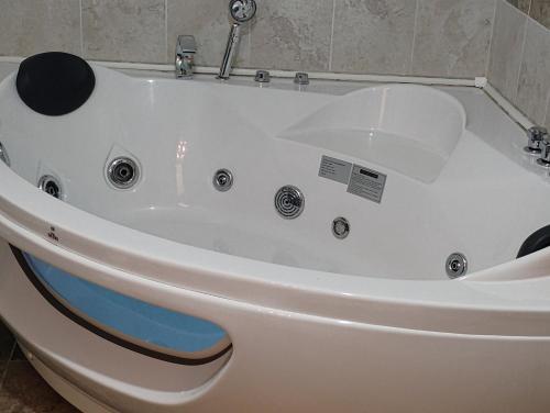 a white bath tub sitting next to a toilet at Casa Sulfina in Radoşi