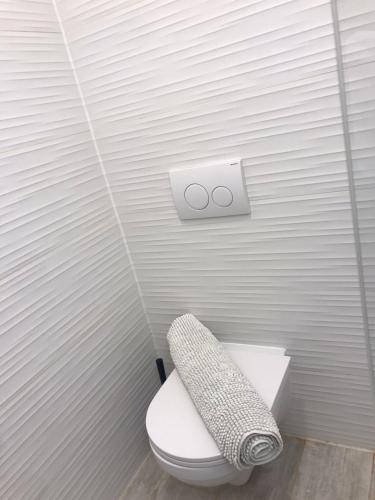 a bathroom with a toilet with a towel on it at Snugg'n Cozy Studio in Sesvete