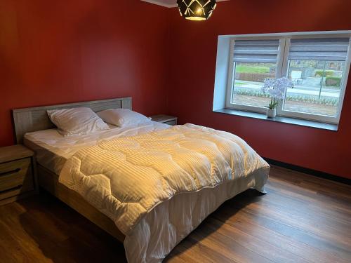 een slaapkamer met een bed en een raam bij Le repaire de la n4 in Tenneville