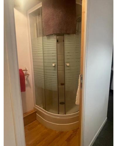 een badkamer met een glazen douche in de kamer bij Maison Le puits du bonheur in La Villedieu