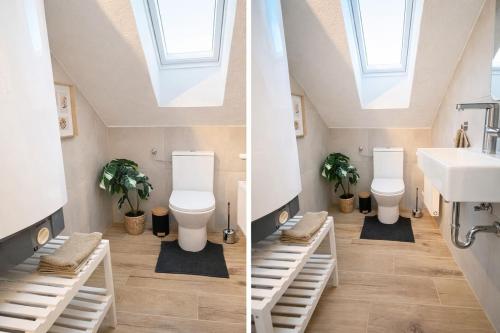 twee foto's van een badkamer met twee toiletten en een wastafel bij Ferienwohnung MeDa in Bad Wörishofen