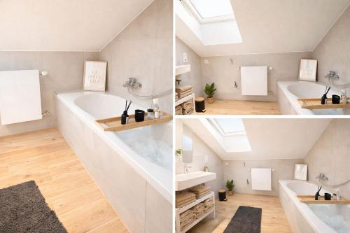 twee foto's van een badkamer met een bad en een wastafel bij Ferienwohnung MeDa in Bad Wörishofen