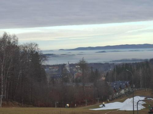 een persoon die op een snowboard van een sneeuw bedekte helling rijdt bij Wilczy Zakątek in Karpacz