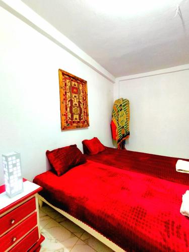 ein Schlafzimmer mit einem roten Bett mit einer roten Decke in der Unterkunft Dar Jana Tozeur in Tozeur