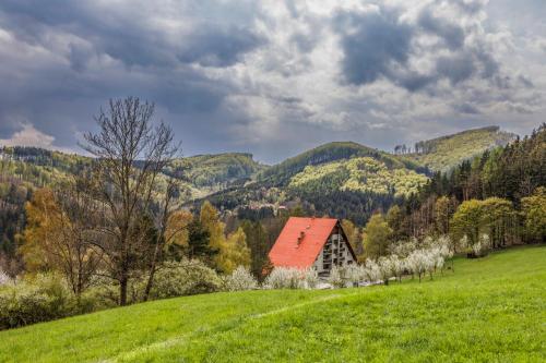 un fienile in un campo con le montagne sullo sfondo di Hotel Rusava a Rusava