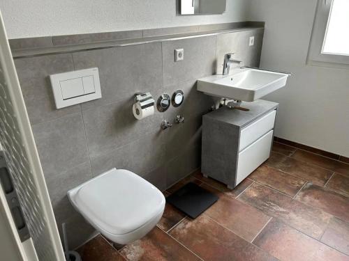 ein Badezimmer mit Toilette und Waschbecken in der Unterkunft Ferienwohnung Donauherz in Stetten