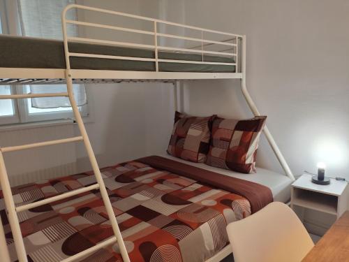 a small bedroom with a bunk bed and a desk at Les Erables Appart - 3 chambres - Spacieux et moderne avec balcon, parking et wifi in Saint-Jean-de-la-Ruelle